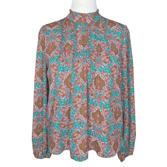 Joie Paisley Printed Pleated High Neck Ruffled Long Sleeve Blouse - Picture 1 of 11
